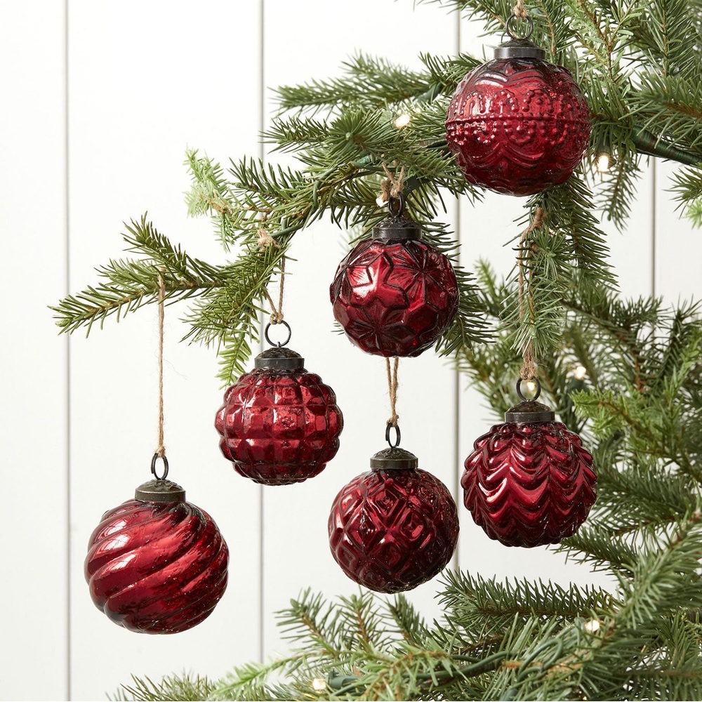 Pottery Barn Mercury Glass Adorned Retro Vintage Style Red Ornaments - Set of 6